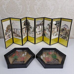 Mini Korean 8 Panel Tabletop Folding Screen & 2 Jade/Coral Asian Shadow Boxes